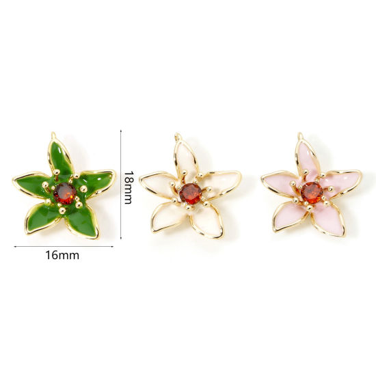 Immagine di 2 Pz Ecologico Ottone Ciondoli Fiore 18K Vero Oro Placcato Smalto Rosso Arancione Cubic Zirconiae 18mm x 16mm