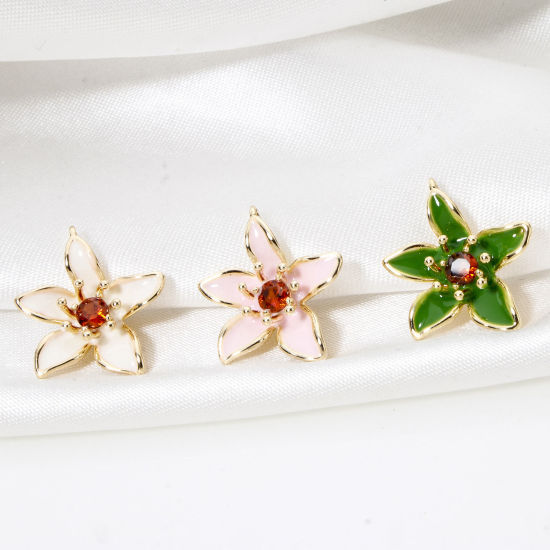 Immagine di 2 Pz Ecologico Ottone Ciondoli Fiore 18K Vero Oro Placcato Smalto Rosso Arancione Cubic Zirconiae 18mm x 16mm