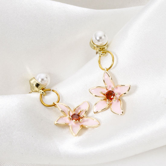 Immagine di 2 Pz Ecologico Ottone Ciondoli Fiore 18K Vero Oro Placcato Smalto Rosso Arancione Cubic Zirconiae 18mm x 16mm