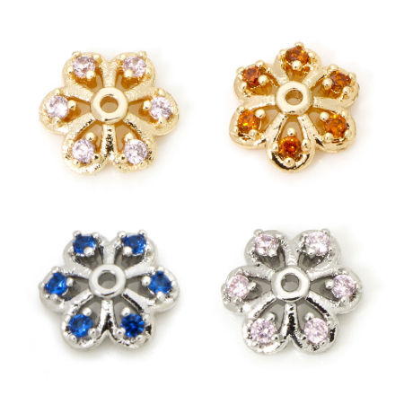 Eco-friendly Brass Beads Caps Flower Real Gold Plated Hollow Multicolour Cubic Zirconia (Fit 10mm Bead) 7mm x 7mm