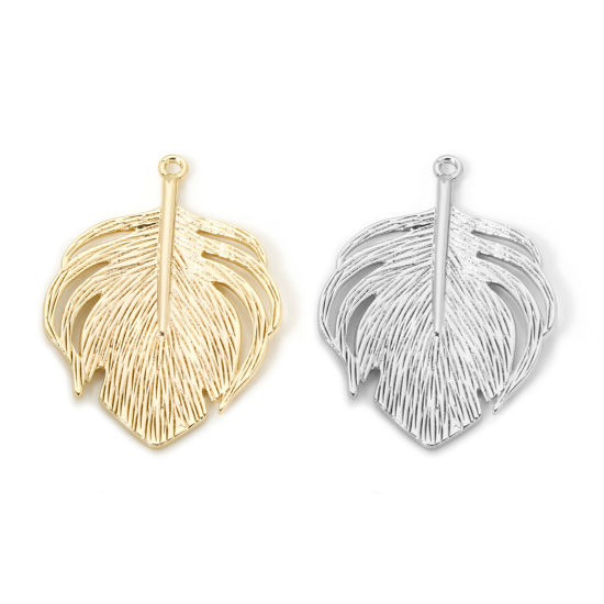 Picture of 2 PCs Eco-friendly Brass Pendants Real Gold Plated Feather 3.3cm x 2.4cm