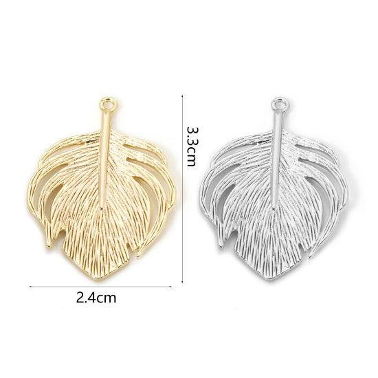 Picture of 2 PCs Eco-friendly Brass Pendants Real Gold Plated Feather 3.3cm x 2.4cm