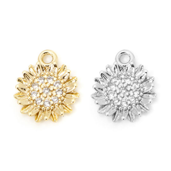 Image de 2 Pcs Breloques en Laiton Respectueux de la Nature Marguerite Plaqué Or Véritable à Zircone Cubique Clair 12mm x 10mm