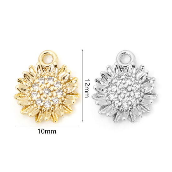 Image de 2 Pcs Breloques en Laiton Respectueux de la Nature Marguerite Plaqué Or Véritable à Zircone Cubique Clair 12mm x 10mm