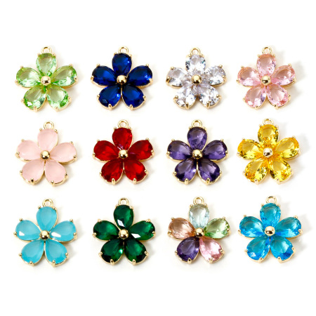 Image de 1 Pièce Breloques En Gros en Laiton & Verre Plaqué Or Véritable Fleur 21mm x 18.5mm
