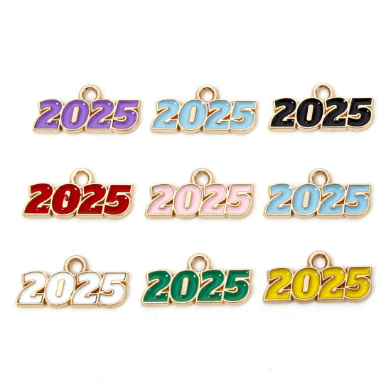 Image de 50 Pcs Breloques Année en Alliage de Zinc Doré Multicolore Mots " 2025 " Émail 18mm x 9mm