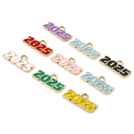 Image de 50 Pcs Breloques Année en Alliage de Zinc Doré Multicolore Mots " 2025 " Émail 18mm x 9mm