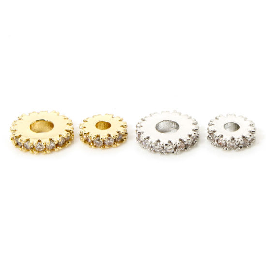 Picture of Brass Spacer Beads For DIY Bracelet Jewelry Making Findings Multicolor Flat Round Gear Clear Cubic Zirconia