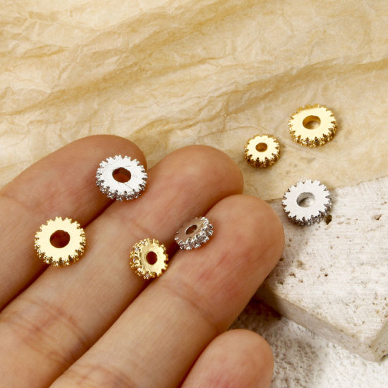 Picture of Brass Spacer Beads For DIY Bracelet Jewelry Making Findings Multicolor Flat Round Gear Clear Cubic Zirconia