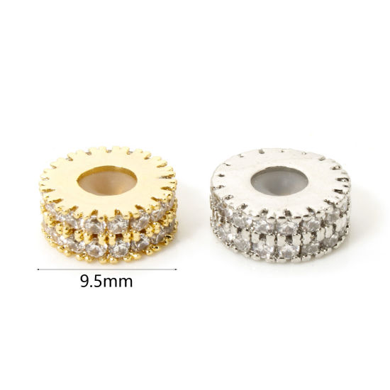 Picture of Brass Spacer Beads For DIY Bracelet Jewelry Making Findings Flat Round Gear Clear Cubic Zirconia About 9.5mm Dia., Hole: Approx 1.4mm