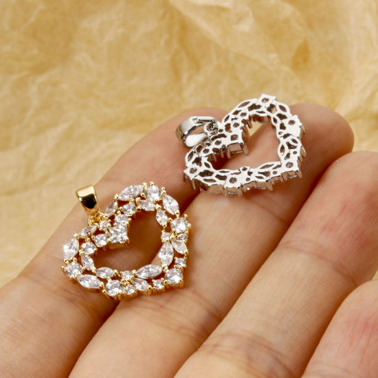 Immagine di 1 Pz Ottone San Valentino Ciondoli Cuore Multicolore Filigrana Trasparente Cubic Zirconiae 24mm x 19.5mm