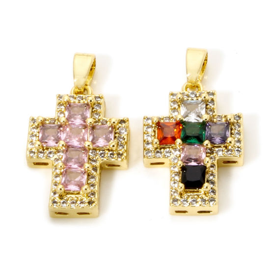 Immagine di 1 Pz Ottone Religione Ciondoli Pendenti Vero Oro Placcato Croce Micro Spianare Multicolore Strass Trasparente Cubic Zirconiae 23mm x 13mm