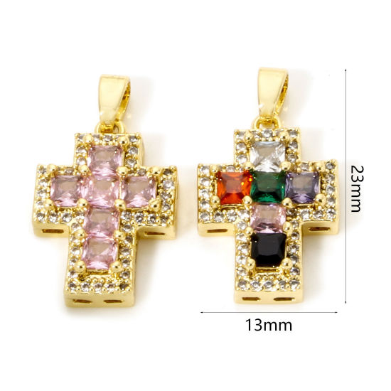 Immagine di 1 Pz Ottone Religione Ciondoli Pendenti Vero Oro Placcato Croce Micro Spianare Multicolore Strass Trasparente Cubic Zirconiae 23mm x 13mm