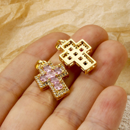 Immagine di 1 Pz Ottone Religione Ciondoli Pendenti Vero Oro Placcato Croce Micro Spianare Multicolore Strass Trasparente Cubic Zirconiae 23mm x 13mm