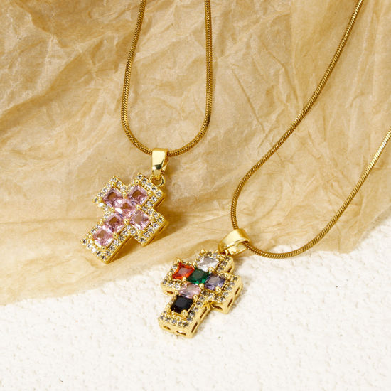 Immagine di 1 Pz Ottone Religione Ciondoli Pendenti Vero Oro Placcato Croce Micro Spianare Multicolore Strass Trasparente Cubic Zirconiae 23mm x 13mm