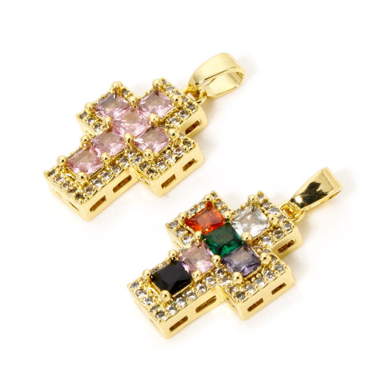 Immagine di 1 Pz Ottone Religione Ciondoli Pendenti Vero Oro Placcato Croce Micro Spianare Multicolore Strass Trasparente Cubic Zirconiae 23mm x 13mm