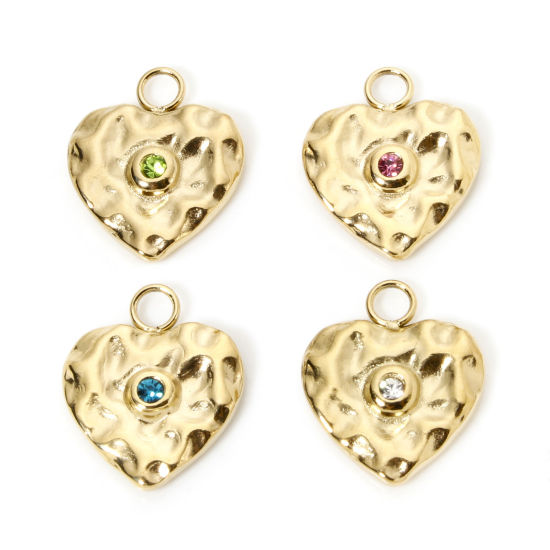 Изображение 1 ШТ Экологически чистое вакуумное покрытие 304 Нержавеющая Сталь День святого Валентина Подвески Сердце 14K настоящее золото с покрытием Серия Молотока Разноцветный Горный Хрусталь 16.5мм x 14мм