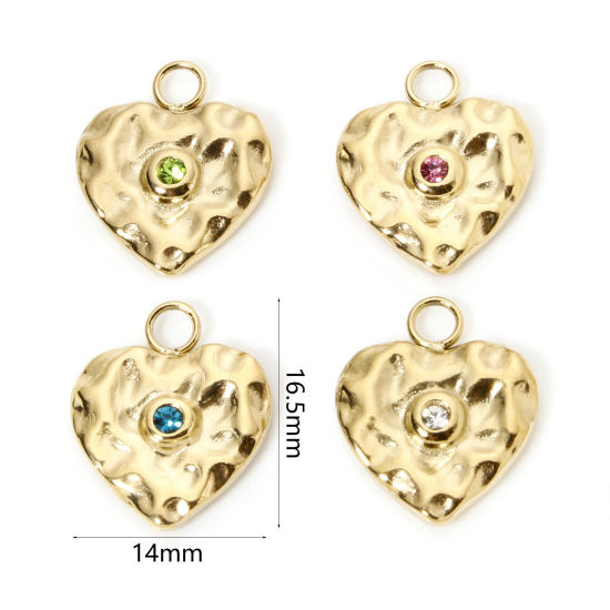 Изображение 1 ШТ Экологически чистое вакуумное покрытие 304 Нержавеющая Сталь День святого Валентина Подвески Сердце 14K настоящее золото с покрытием Серия Молотока Разноцветный Горный Хрусталь 16.5мм x 14мм
