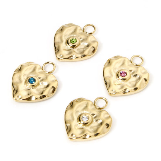 Изображение 1 ШТ Экологически чистое вакуумное покрытие 304 Нержавеющая Сталь День святого Валентина Подвески Сердце 14K настоящее золото с покрытием Серия Молотока Разноцветный Горный Хрусталь 16.5мм x 14мм