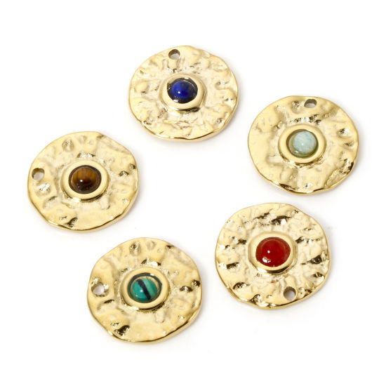 Bild von Umweltfreundliche Vakuumbeschichtung 304 Edelstahl Charms Rund 14K Echtgold plattiert Bunt Mit synthetischen Edelstein Cabochons 15mm D.