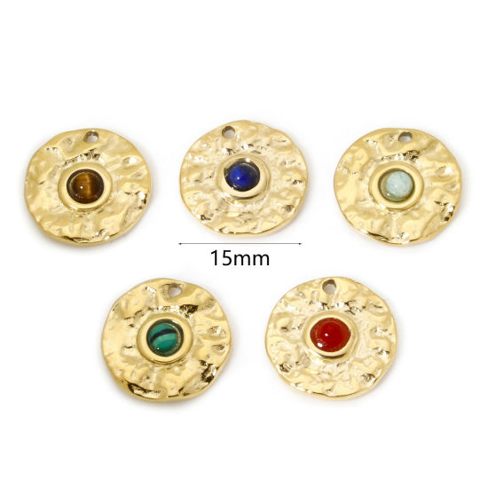 Bild von Umweltfreundliche Vakuumbeschichtung 304 Edelstahl Charms Rund 14K Echtgold plattiert Bunt Mit synthetischen Edelstein Cabochons 15mm D.