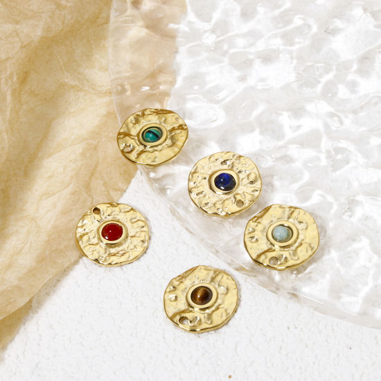 Bild von Umweltfreundliche Vakuumbeschichtung 304 Edelstahl Charms Rund 14K Echtgold plattiert Bunt Mit synthetischen Edelstein Cabochons 15mm D.