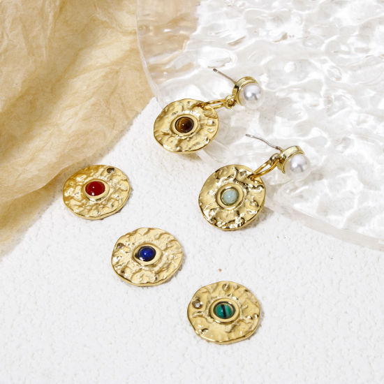 Bild von Umweltfreundliche Vakuumbeschichtung 304 Edelstahl Charms Rund 14K Echtgold plattiert Bunt Mit synthetischen Edelstein Cabochons 15mm D.