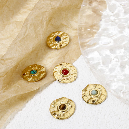 Bild von Umweltfreundliche Vakuumbeschichtung 304 Edelstahl Charms Rund 14K Echtgold plattiert Bunt Mit synthetischen Edelstein Cabochons 15mm D.