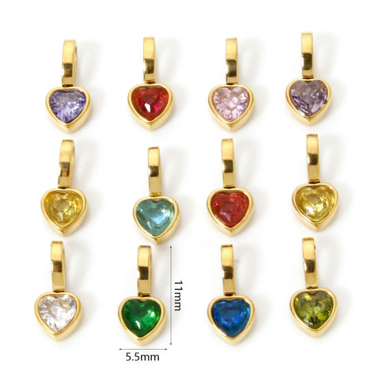 Image de 1 Pièce Pendentif Breloque en 304 Acier Inoxydable Placage Sous Vide Écologique La Saint Valentin Cœur Plaqué Or Véritable 14K Mini à Zircone Cubique Multicolore 11mm x 5.5mm