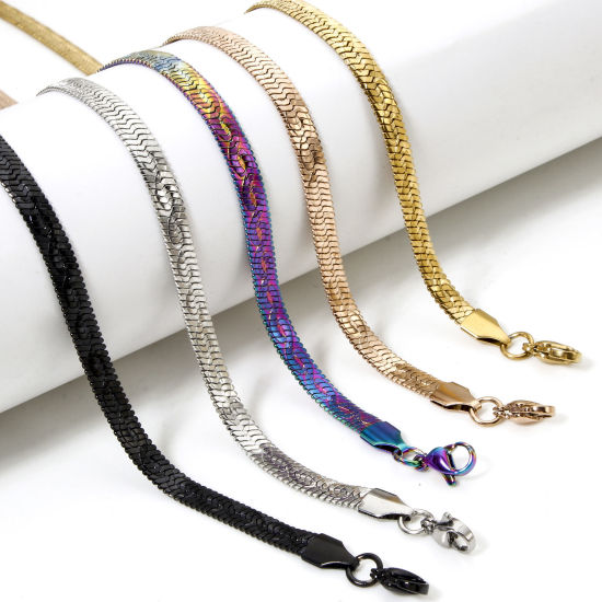 Picture of 304 Stainless Steel Flat Snake Chain Necklace For DIY Jewelry Making With Lobster Claw Clasp And Extender Chain 40cm(15.7") long, Chain Size: 5mm
