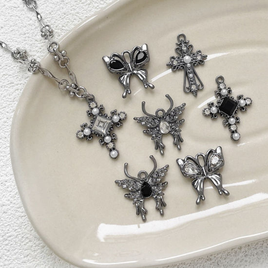 Picture of Zinc Based Alloy Gothic Charms Gunmetal Butterfly Animal Cross Clear Rhinestone