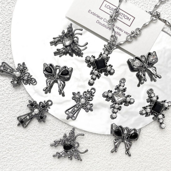 Picture of Zinc Based Alloy Gothic Charms Gunmetal Butterfly Animal Cross Clear Rhinestone