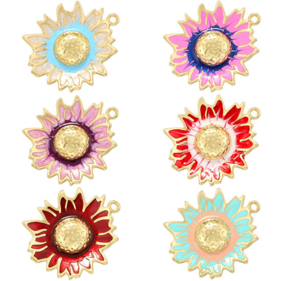 Immagine di 1 Pz Ottone Ciondoli Placcato Oro 18K Multicolore Girasole Smalto 28.5mm x 24.5mm