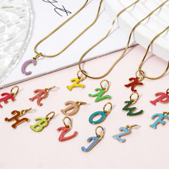 Picture of Eco-friendly PVD Vacuum Plating 304 Stainless Steel Mini Charms 14K Gold Plated Capital Alphabet Initial Letter Message " A-Z " Enamel