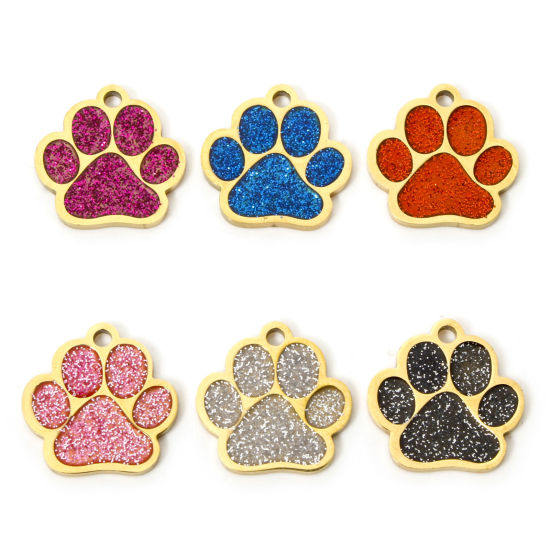 Picture of 304 Stainless Steel Pet Memorial Charms Gold Plated Multicolor Glitter Dog Paw Claw Enamel 15mm x 15mm