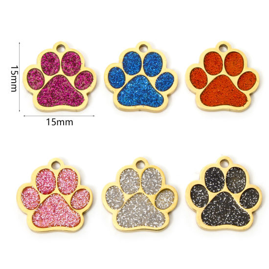 Picture of 304 Stainless Steel Pet Memorial Charms Gold Plated Multicolor Glitter Dog Paw Claw Enamel 15mm x 15mm