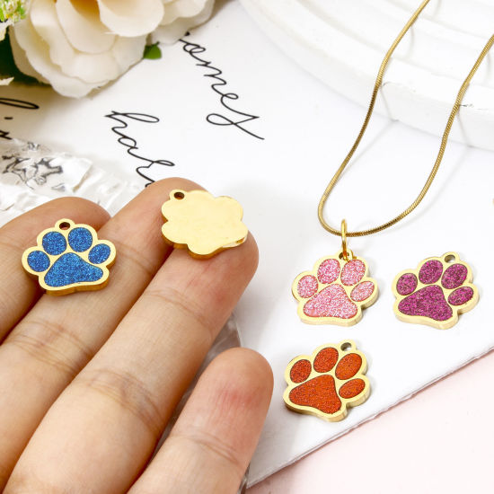 Picture of 304 Stainless Steel Pet Memorial Charms Gold Plated Multicolor Glitter Dog Paw Claw Enamel 15mm x 15mm