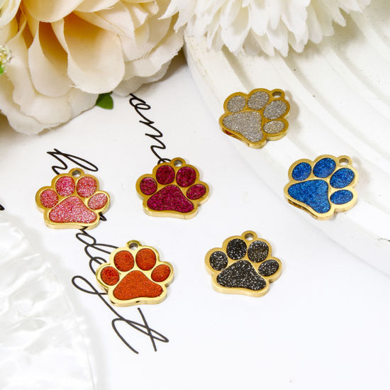 Picture of 304 Stainless Steel Pet Memorial Charms Gold Plated Multicolor Glitter Dog Paw Claw Enamel 15mm x 15mm