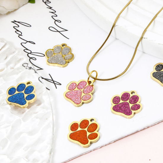 Picture of 304 Stainless Steel Pet Memorial Charms Gold Plated Multicolor Glitter Dog Paw Claw Enamel 15mm x 15mm