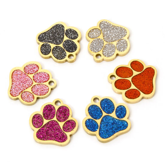 Picture of 304 Stainless Steel Pet Memorial Charms Gold Plated Multicolor Glitter Dog Paw Claw Enamel 15mm x 15mm