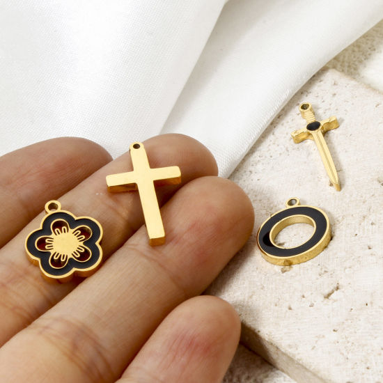 Picture of Vacuum Plating 304 Stainless Steel Charms 18K Gold Plated Black Enamel