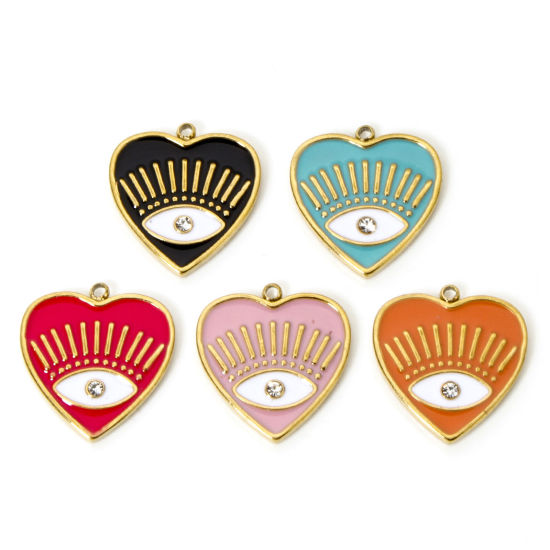 Picture of Eco-friendly Vacuum Plating 304 Stainless Steel Religious Charms 18K Real Gold Plated Multicolor Heart Eye of Providence/ All-seeing Eye Enamel Clear Rhinestone 19.5mm x 18mm