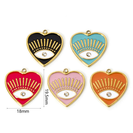 Picture of Eco-friendly Vacuum Plating 304 Stainless Steel Religious Charms 18K Real Gold Plated Multicolor Heart Eye of Providence/ All-seeing Eye Enamel Clear Rhinestone 19.5mm x 18mm