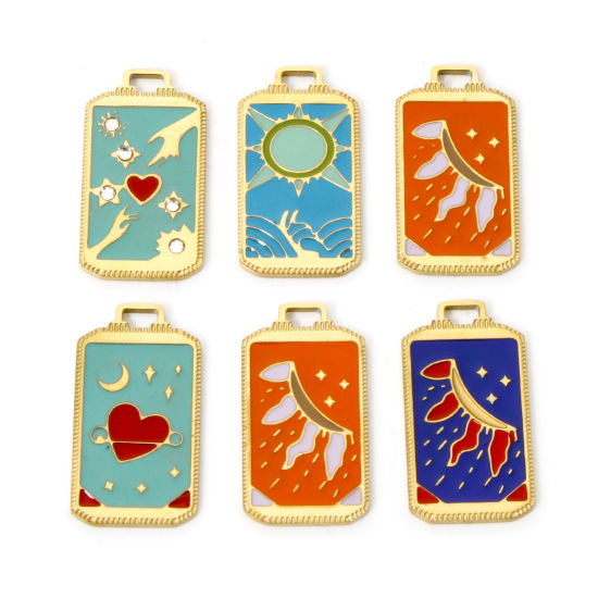 Изображение 1 ШТ Экологически чистое вакуумное покрытие 304 Нержавеющая Сталь Таро Подвески Прямоугольник 18K настоящее золото с покрытием Солнце С Эмалью 25.5мм x 14мм