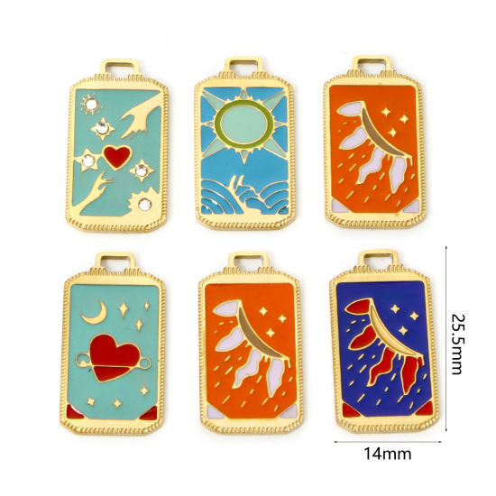 Изображение 1 ШТ Экологически чистое вакуумное покрытие 304 Нержавеющая Сталь Таро Подвески Прямоугольник 18K настоящее золото с покрытием Солнце С Эмалью 25.5мм x 14мм