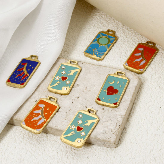 Изображение 1 ШТ Экологически чистое вакуумное покрытие 304 Нержавеющая Сталь Таро Подвески Прямоугольник 18K настоящее золото с покрытием Солнце С Эмалью 25.5мм x 14мм