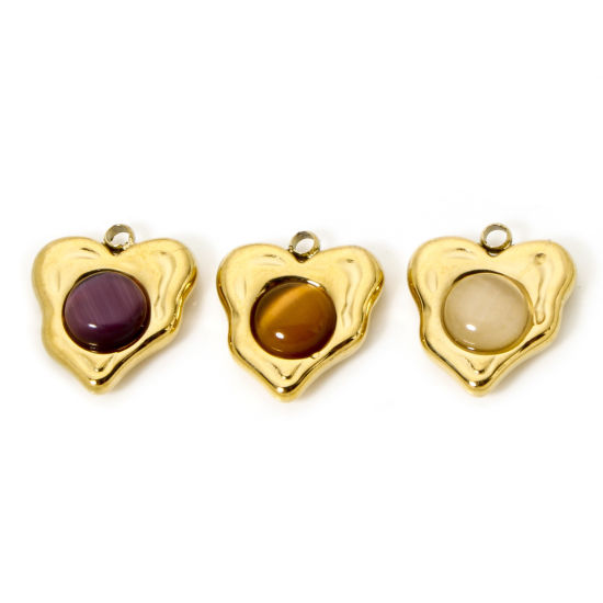 Picture of Eco-friendly Vacuum Plating 304 Stainless Steel Charms 18K Real Gold Plated Heart With Synthetic Gemstone Cabochons 14mm x 13mm