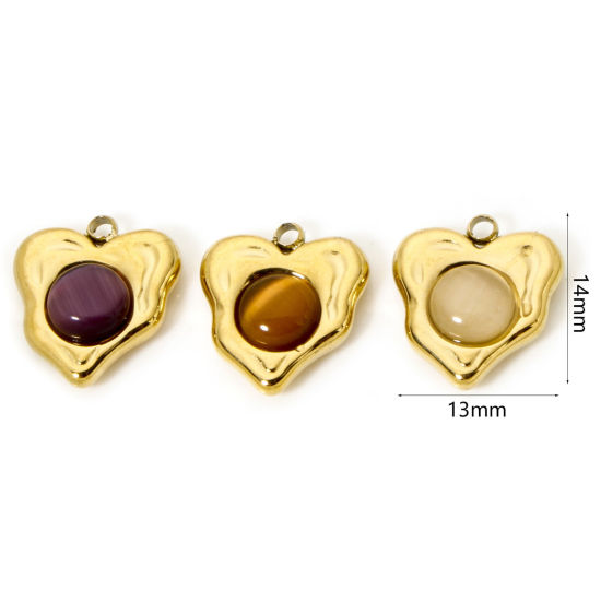 Picture of Eco-friendly Vacuum Plating 304 Stainless Steel Charms 18K Real Gold Plated Heart With Synthetic Gemstone Cabochons 14mm x 13mm