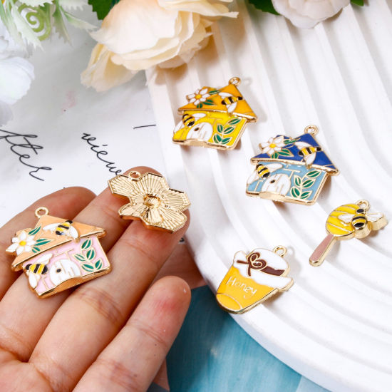 Picture of Zinc Based Alloy Insect Charms Gold Plated Multicolor House Bee Enamel