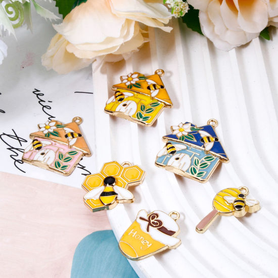 Picture of Zinc Based Alloy Insect Charms Gold Plated Multicolor House Bee Enamel